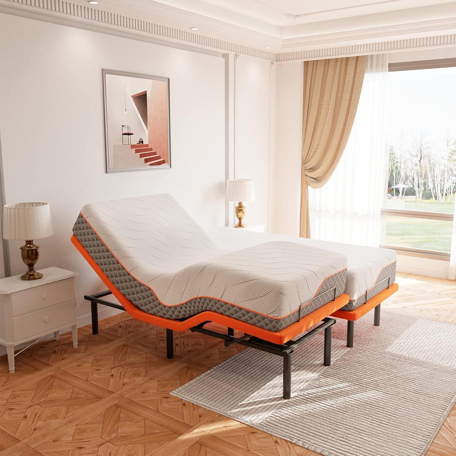 Adjustable Bed Frame Split King + Luxury Cool Gel Memory Foam Hybrid 12" Mattress, 5 Minutes Installation, Head and Foot Incline, 2000 Series