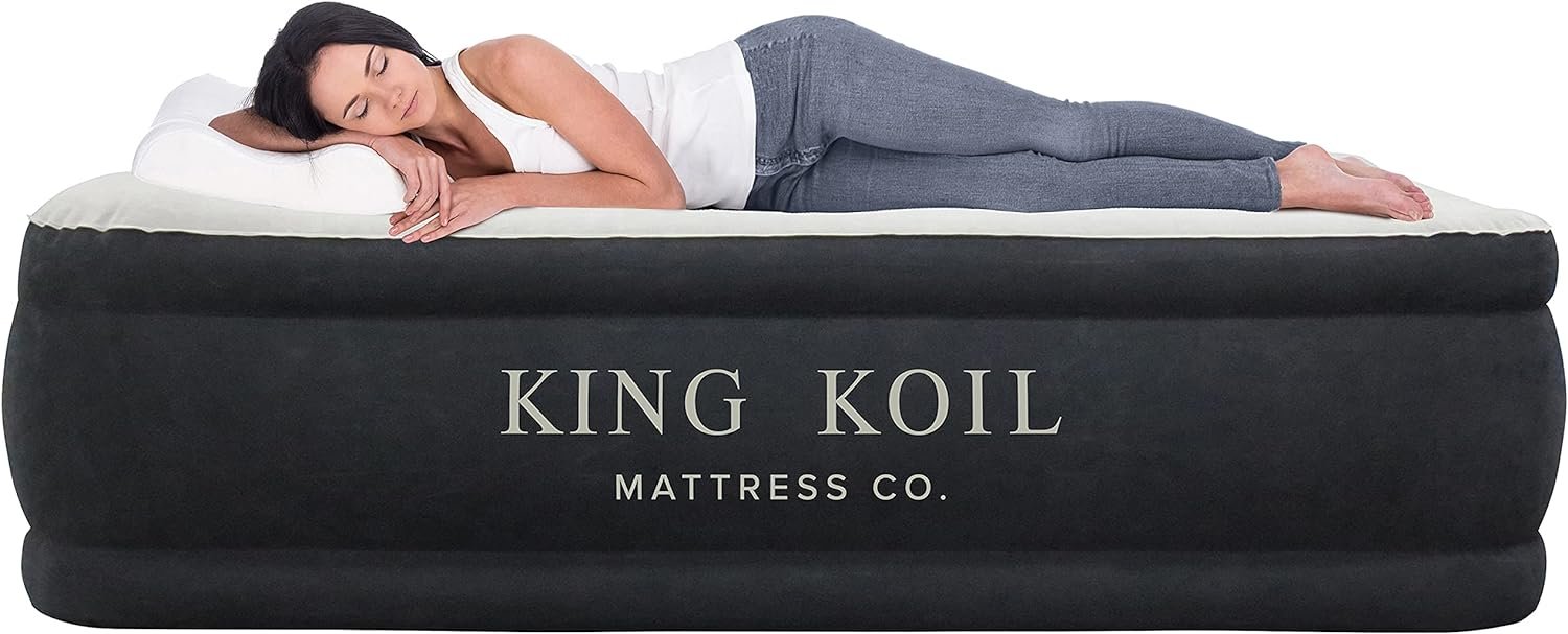 King Koil Plush Pillow Top Twin Air Mattress with Built-in High-Speed Pump for Camping, Home & Guests - 20” Twin Size Airbed Luxury Inflatable Blow Up Mattress, Waterproof, 1-Year Warranty