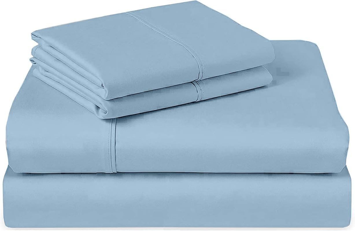 Waterbed Sheets Set - 4 Piece Attached with Fitted Sheet Cool Breathable and Ultra Soft Rich 100% Cotton 15" Deep Pocket Attached Waterbed Sheet Set (Light Blue Solid, King/California King)