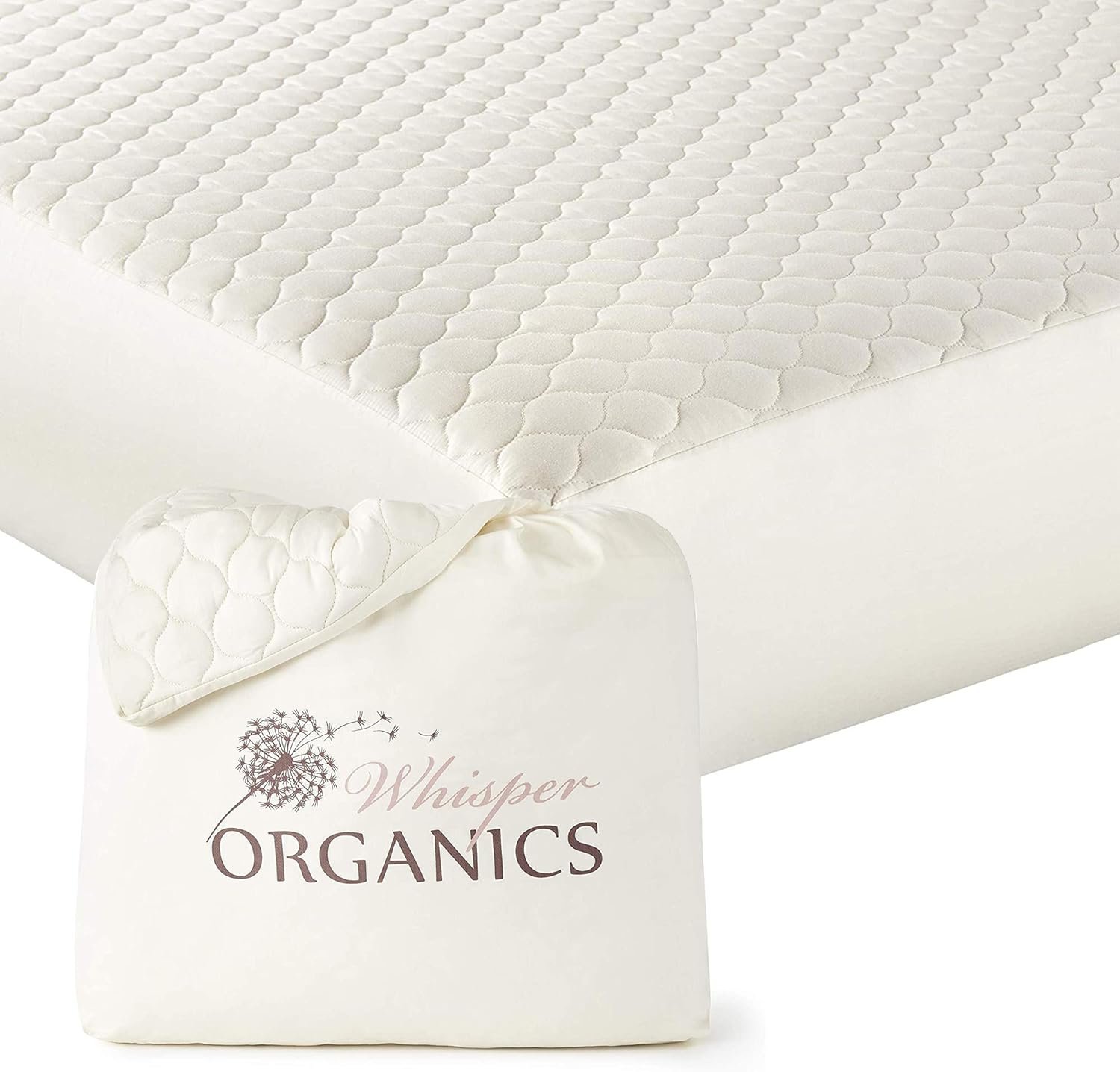 Whisper Organics, 100% Organic Cotton Mattress Pad - Breathable Cooling Quilted Fitted Mattress Protector Cover, Fair Trade, GOTS Certified - Ivory Color, 17" Deep Pocket (King Bed Size)