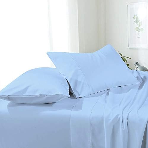 Attached Waterbed Sheets 100% Egyptian Cotton 600 Thread Count Attached Solid Waterbed Sheets California King Size 4 Piece, 15 Inch Deep Poceket Waterbed Sheet Set, Light Blue Solid Color