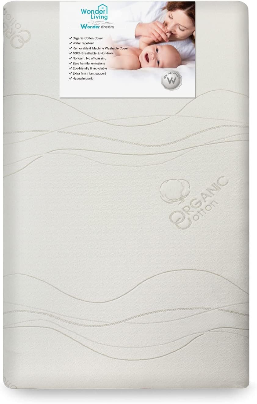 Wonder Dream Mini Crib Mattress, Organic Cotton, 100% Breathable, Non Toxic, No VOC's, Hypoallergenic