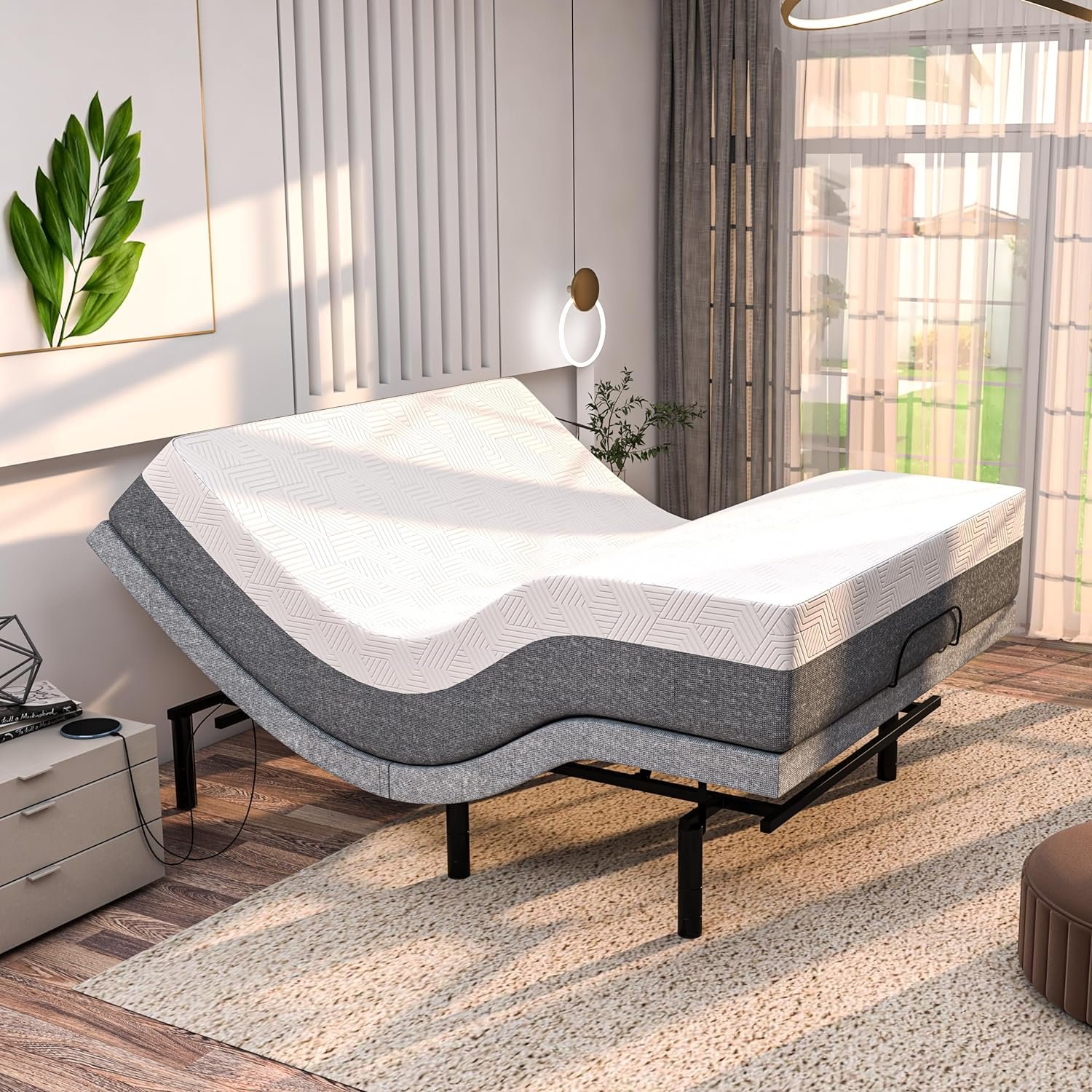 SFE Adjustable Bed with Mattress & Massage, Twin XL Adjustable Bed Frame + Medium Mattress - Cooling Gel Memory Foam Mattress, USB, Under Bed Light, Wireless Remote