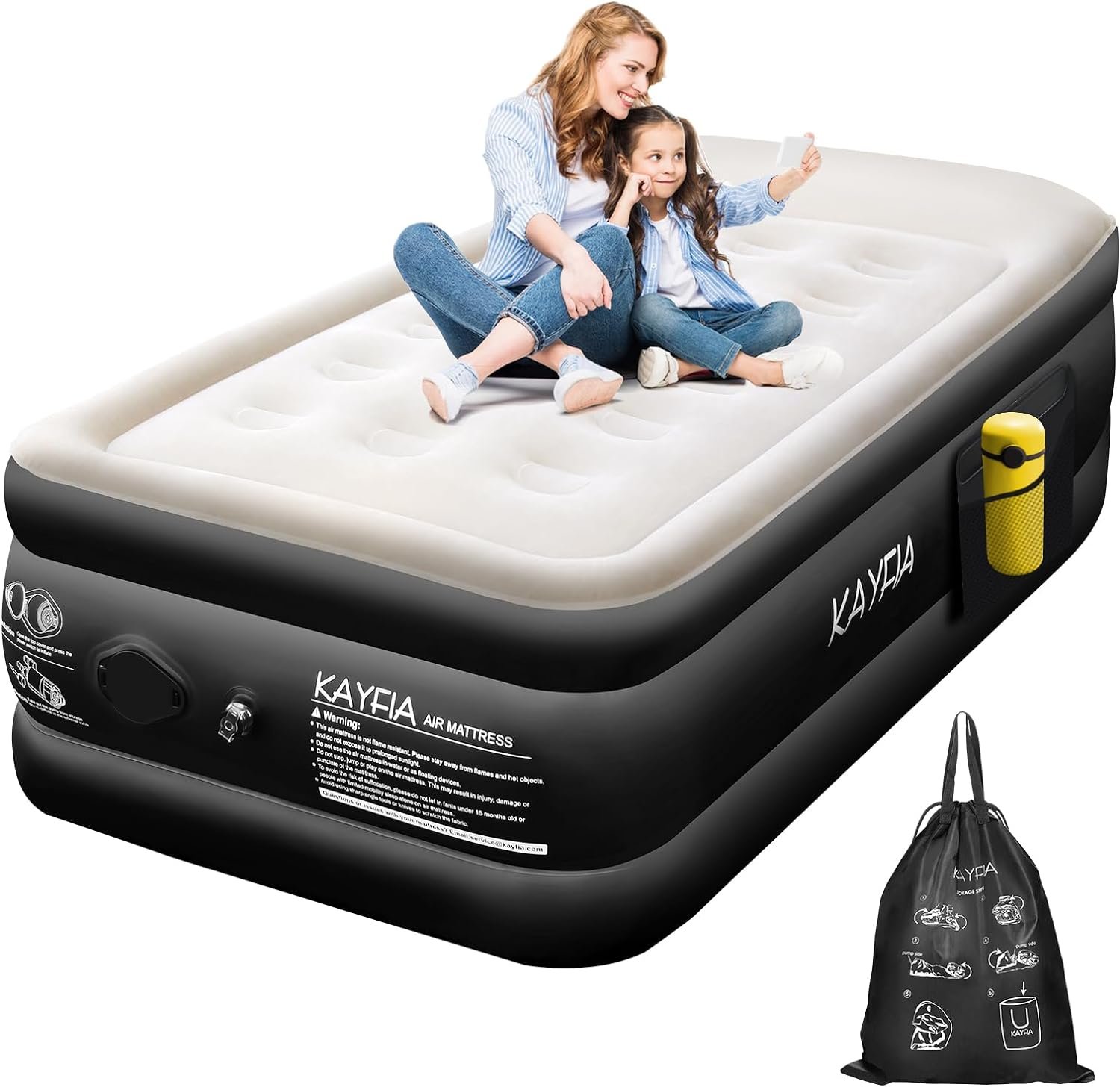 Twin Air Mattress with Built-in Rechargeable Pump Quick Set up Inflatable Mattress under 3 Mins for Camping & Portable Travel Blow up Bed Leak-free Luxury 18" Flocked Air Bed with Raised Pillow, Black