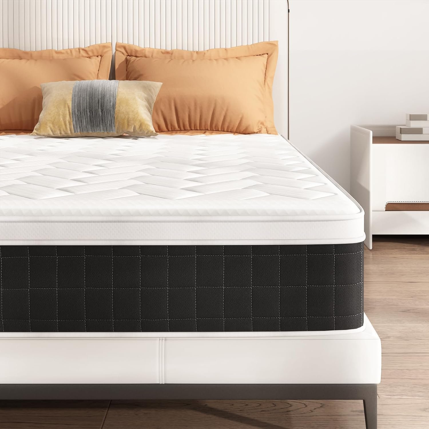 Mattress Full Size, 10 Inch Hybrid Euro Top Mattress Bed in a Box, Individually 5-Zone Pocketed Spring Mattress for Pressure Relief & Motion Isolation, Plush Foam Innerspring Mattress, Black