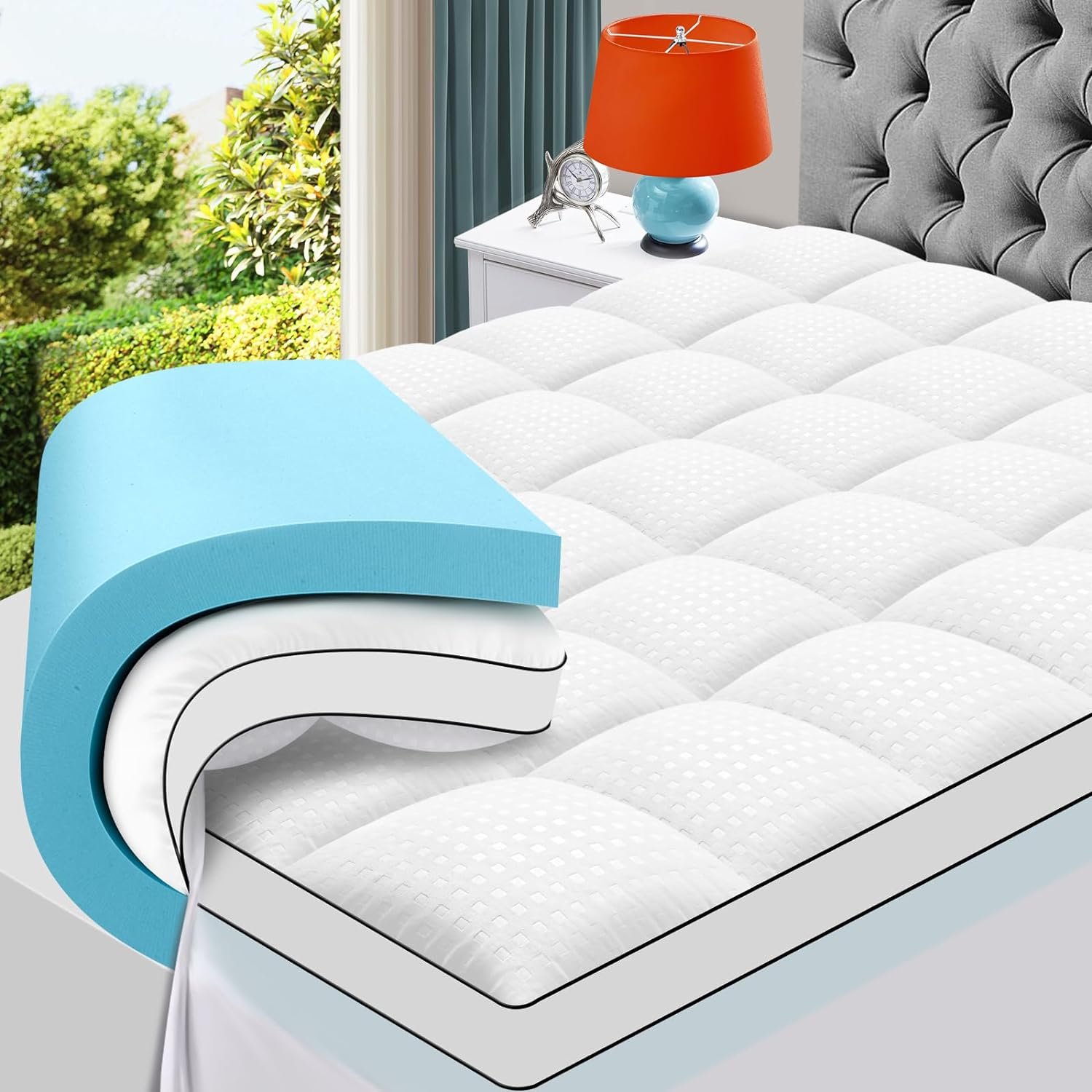 King Size Dual Layer 4 Inch Memory Foam Mattress Topper, 2 Inch Gel Memory Foam and 2 Inch Cooling Pillow Top Mattress Pad Cover for Back Pain, Medium Support