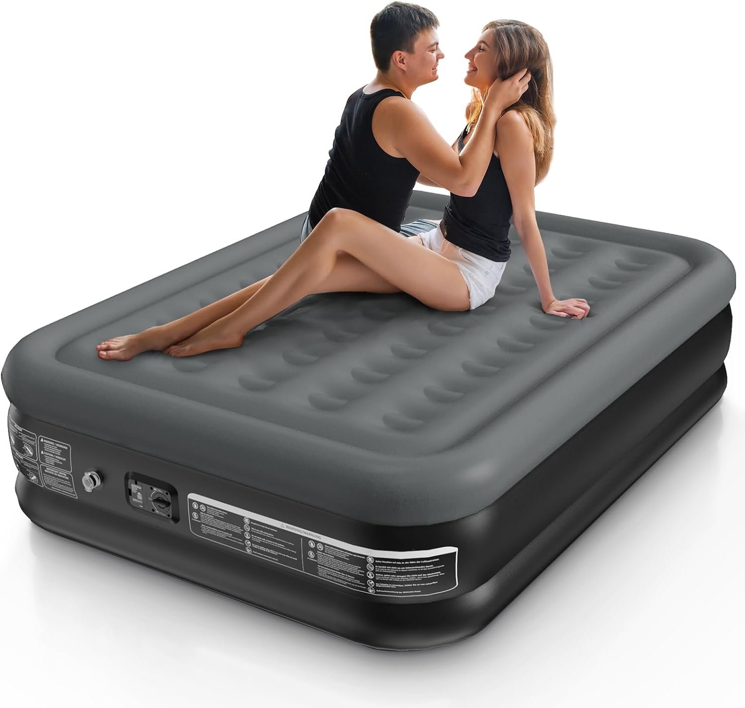 Queen Air Mattress with Built in Pump 18 Inch High Queen Air Mattress 1-3 Minutes Fast Self Inflating Air Mattress 1 Button Start Inflate/Deflate for All Indoor and Outdoor Places Black & Gray