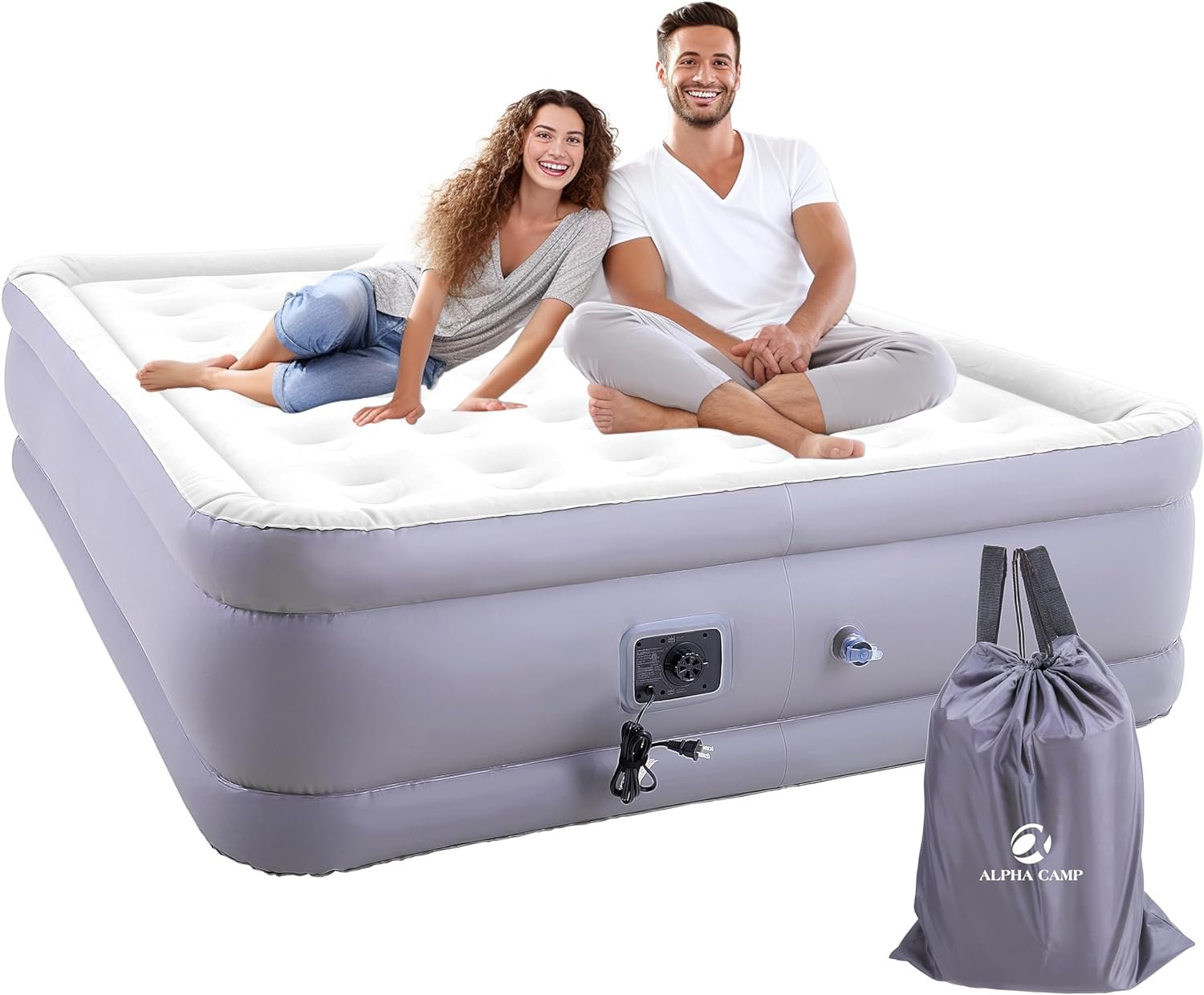 ALPHA CAMP 19” Queen Air Mattress with Built in Pump, Blow up Mattress in 3 Mins Self-Inflation/Deflation with Soft Plush Top, Foldable Inflatable Mattress, Air Bed for Camping, Home & Guest, Trave
