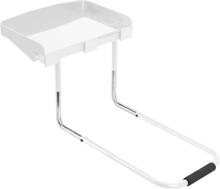 Height Adjustable Under Mattress 17 inch Bedside Shelf, Works with Lofts and Beds without Frames, Heavy Duty Storage Tray, Fits Laptops, Books, and Drinks, Nightstand Alternative, White