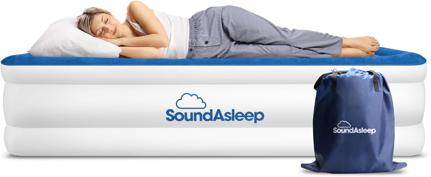 SoundAsleep Products Dream Series Luxury Air Mattress, ComfortCoil Technology, Built-in High Capacity Pump for Home, Camping- Double Height, Adjustable, Inflatable Blow Up, Portable (Queen Size)