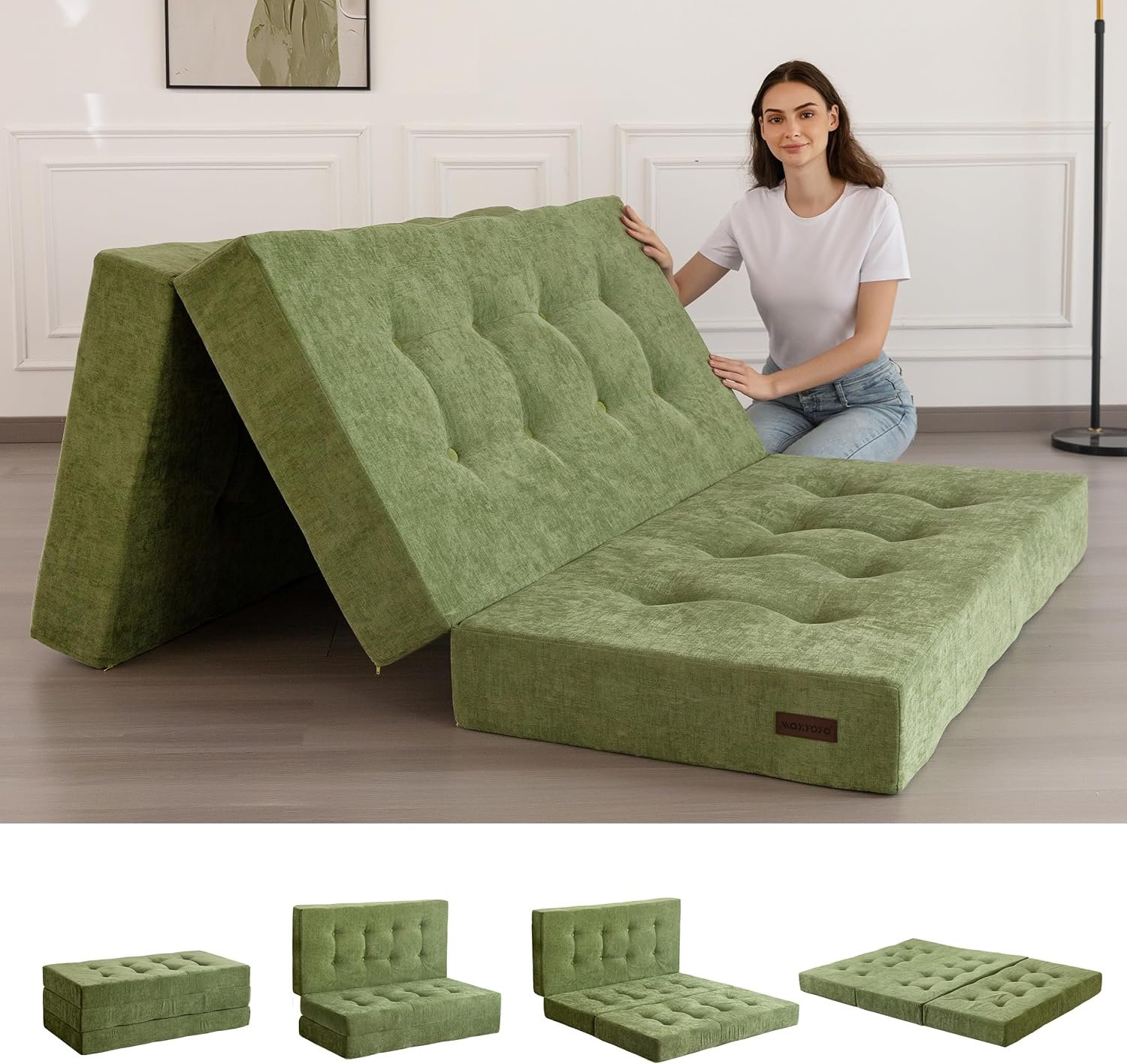 MAXYOYO Tri-Fold Mattress, 6 Inch Tufted Folding Mattress with Chenille Fabric, Portable Full Size Floor Guest Mat for Adults, Foldable Topper for Camping, Green, 53"x75"