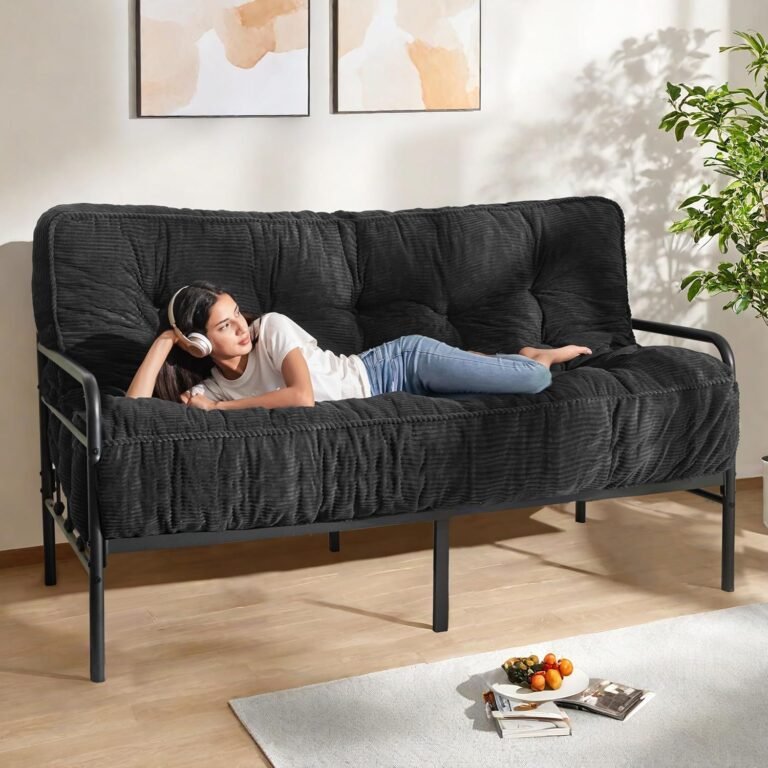 MAXYOYO 8" Futon Mattress, Ultra Thick Futons Sofa Couch Bed, Tufted Full Size Sleeper Sofa Bed for Adults, Shredded Foam Filling (Frame Not Included), Black