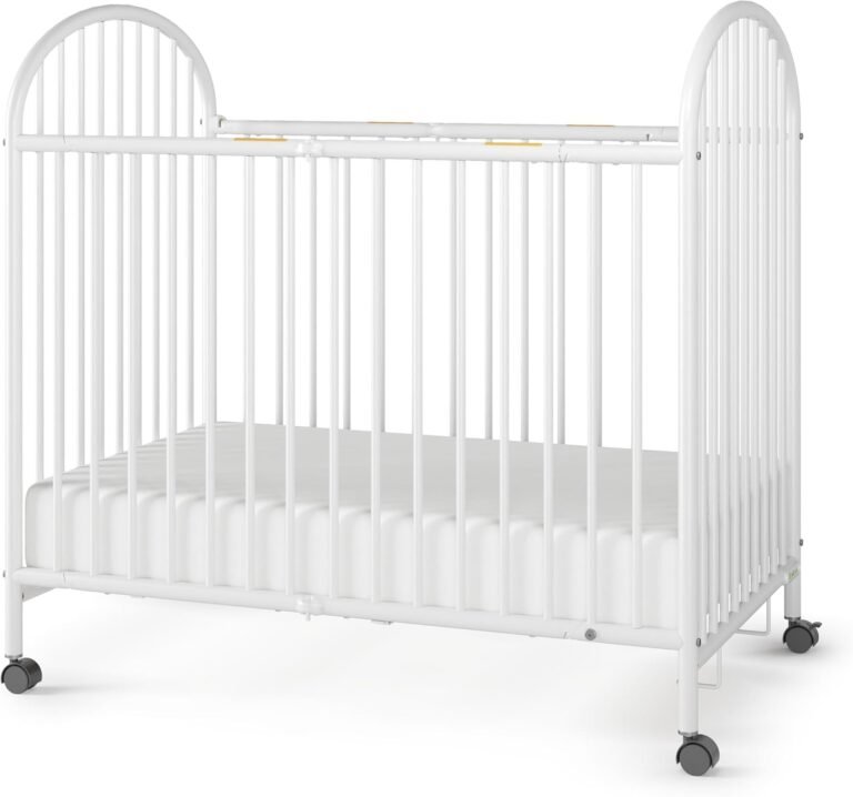 Child Craft Sweet Dreamer Arched Compact Folding Portable Crib with 3” Crib Mattress and 2 Easy Roll Locking Wheels, Durable Metal Construction, Easy to Clean, White