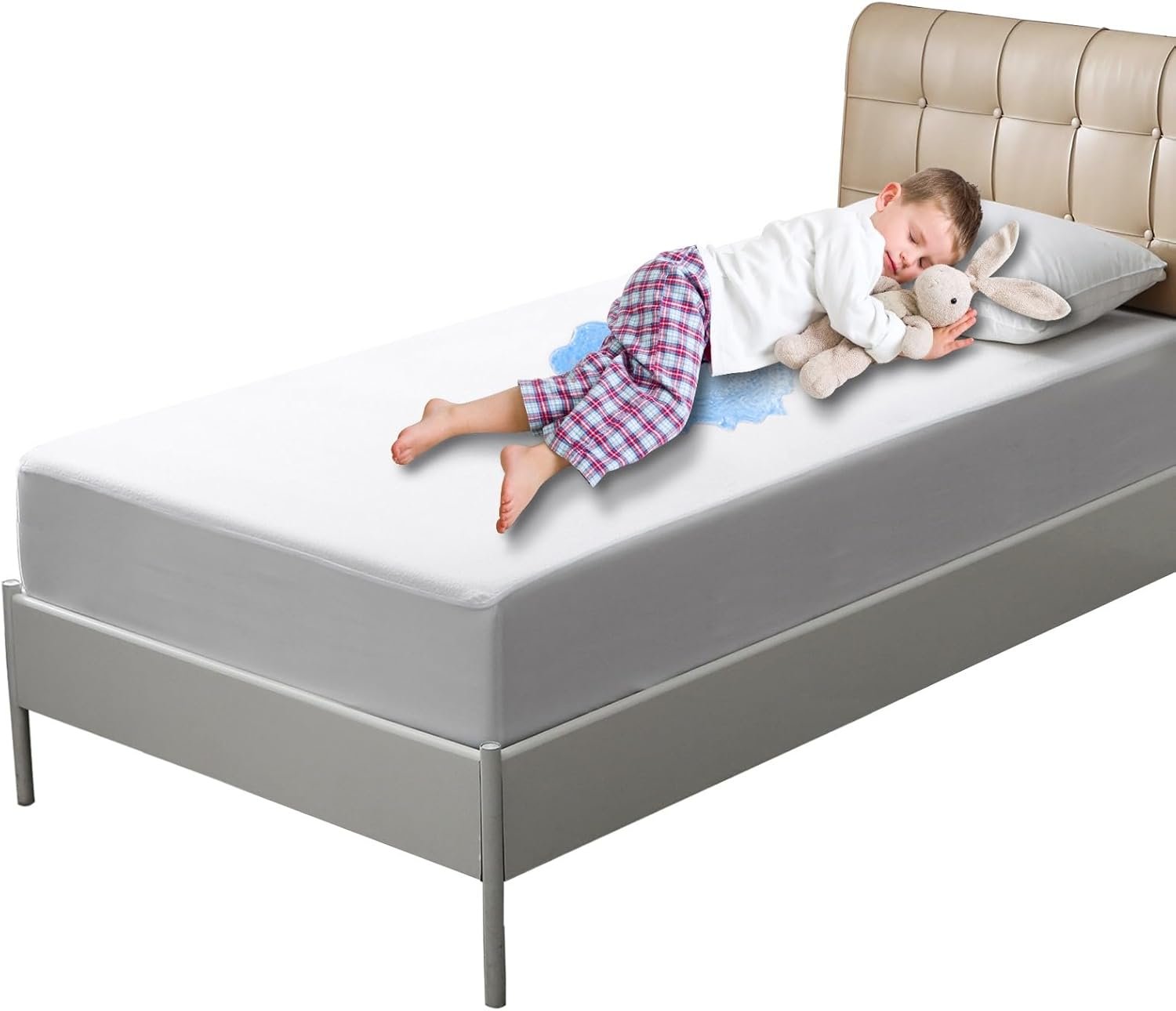 Waterproof Mattress Protector Twin Size, Bed Wetting Potty Training Cover for Kids, Water Proof Pee Protective Sheet Washable Single, with 18 Inch Deep Pockets, Soft, White