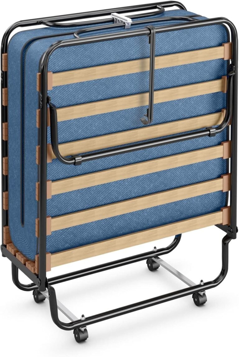 Giantex Folding Bed with Mattress for Adults, Rollaway Guest Beds w/Memory Foam Mattress & Metal Frame, Made in Italy, Cot Size Rollaway Bed, Portable Foldable Sleeper Bed for Home, 75" x 32",Blue