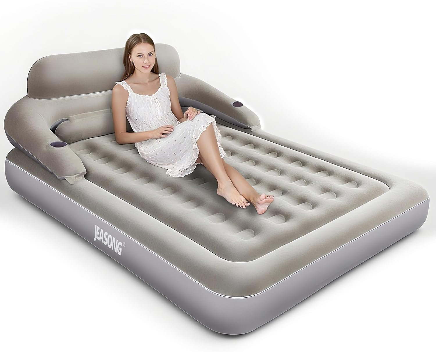 JEASONG Air Mattress with Headboard, Fast Inflation/Deflation Inflatable Airbed, 9 Inches High Blow Up Bed with Comfortable Flocked Top for Home Guest Travel Camping (Queen Grey)