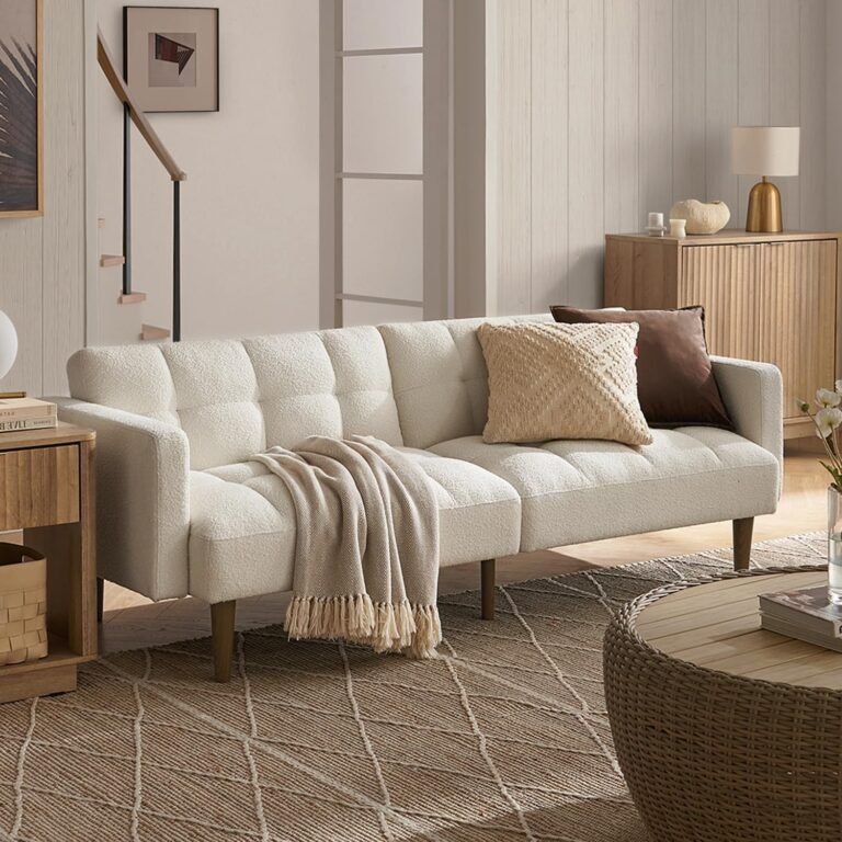 mopio 76.4" Futon Sofa Bed, Couch, Loveseat, Sleeper Sofa, Mid Century Modern Futon Couch, Sofa Cama, Couches for Living Room (Aaron, Pearl White Boucle)