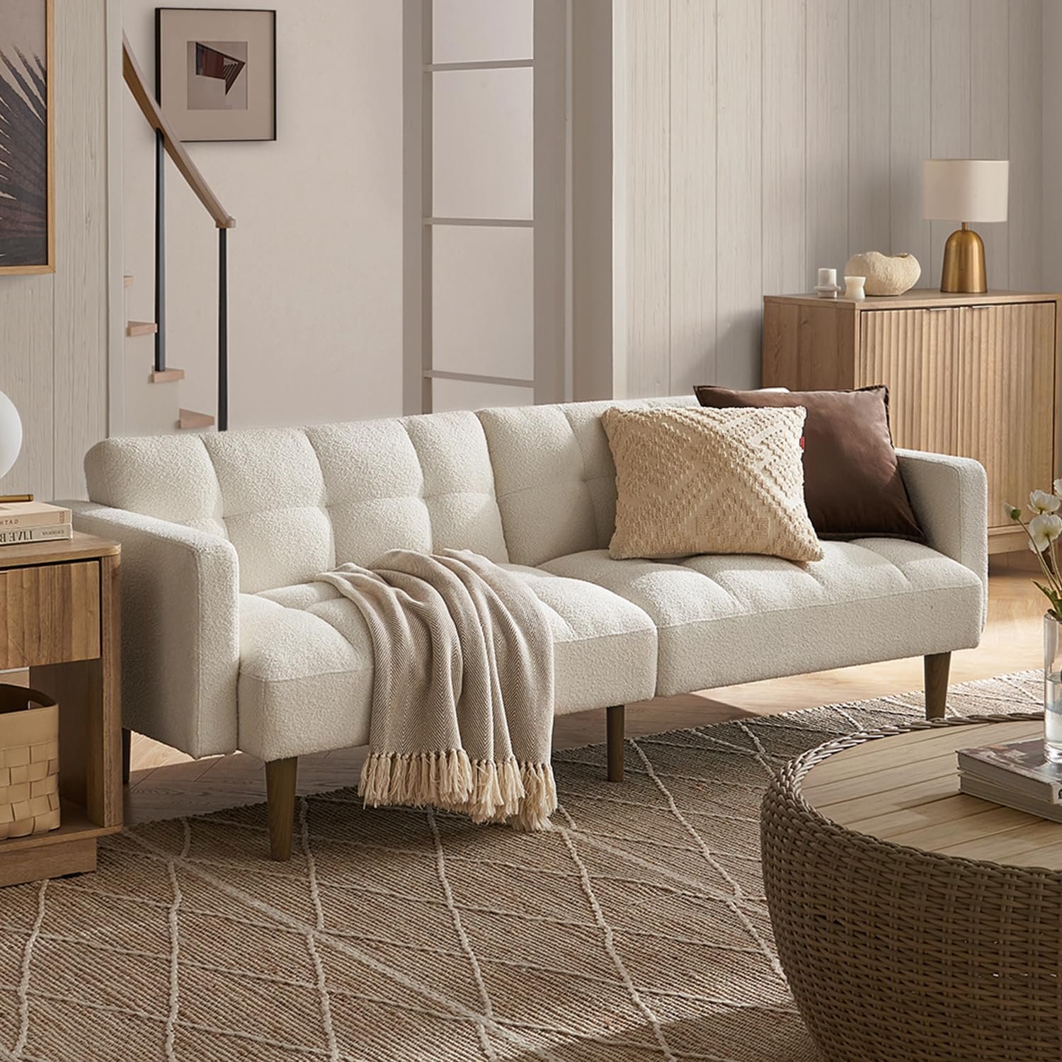 mopio 76.4" Futon Sofa Bed, Couch, Loveseat, Sleeper Sofa, Mid Century Modern Futon Couch, Sofa Cama, Couches for Living Room (Aaron, Pearl White Boucle)