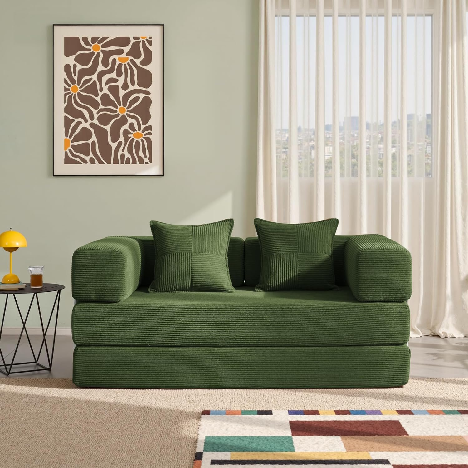 YINIX Foldable Sofa Bed, 62'' Folding Floor Couch, Compressed Convertable Sleeper Sofa, Memory Foam Couch with Pillow Back Support Armrest, 4-in-1 Futon Sofa Bed for Living Room, Green