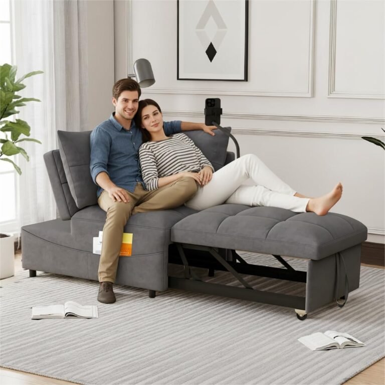 Modern Folding Futon Sofa Bed,Small Loveseat Couch with USB Charging Port, Swivel Phone Stand, Storage Bag for Living Room （Velvet, Grey）