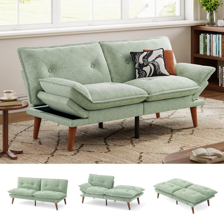 LINSY HOME Futon Sofa Bed, 70" Chenille Futon Couch with Adjustable Backrest Armrest, 3 in 1 Convertible Comfy Loveseat Sleeper Sofa Bed for Small Spaces Dorm Room Apartment Home Office, Light Green
