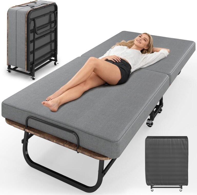 Folding Bed with Mattress, Portable Foldable Bed on Wheels for Adults, Memory Foam Mattress and Metal Frame, Space Saving Roll Away Beds for Easy Storage, 75" x 31"