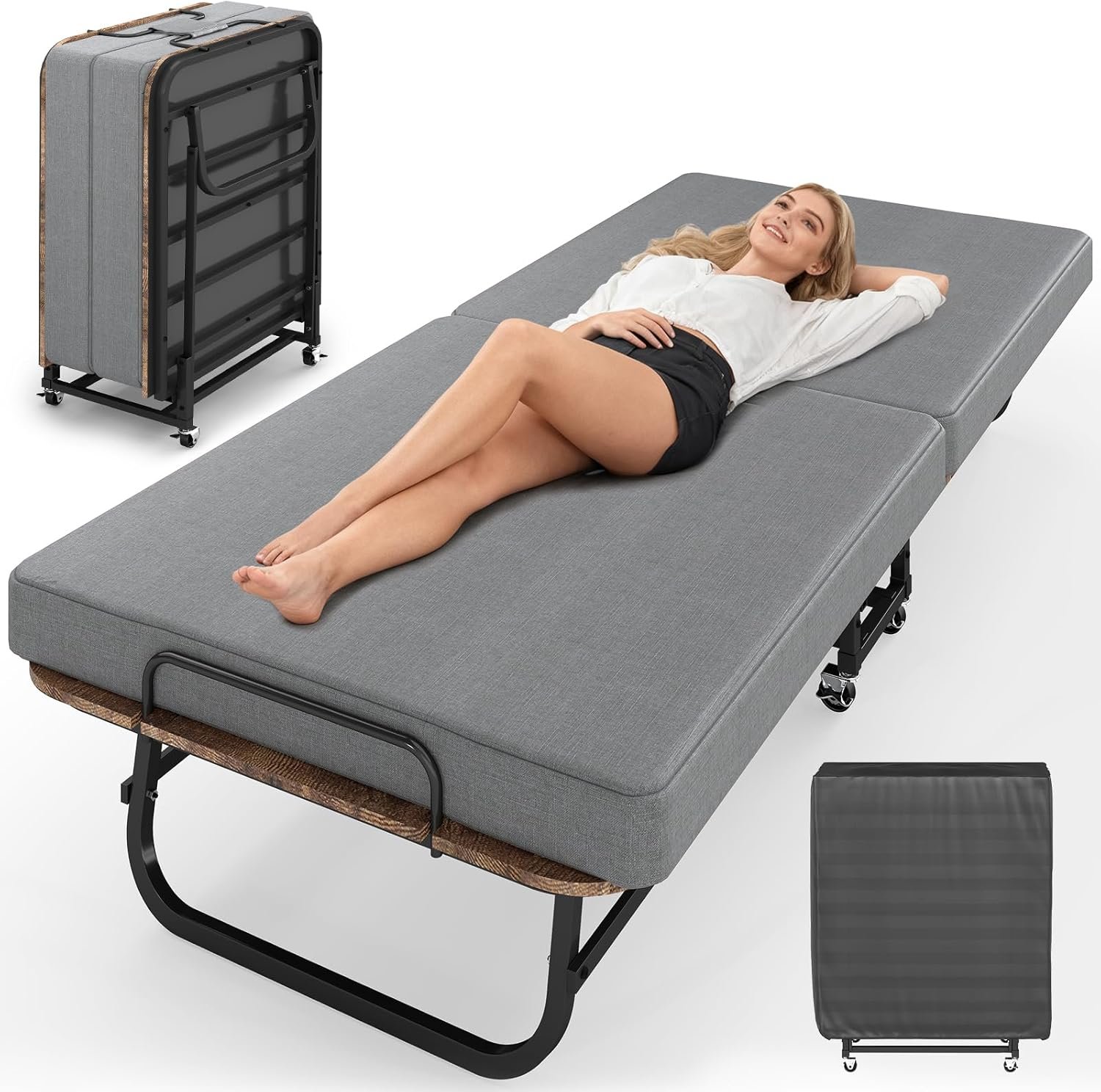 Folding Bed with Mattress, Portable Foldable Bed on Wheels for Adults, Memory Foam Mattress and Metal Frame, Space Saving Roll Away Beds for Easy Storage, 75" x 31"