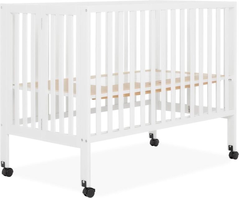 Dream On Me Folding Full-Size Convenience Baby Crib in White, GreenGuard Gold & JPMA, Portable, Patented Quick Folding System, Heavy Duty Wheels, 2 Adjustable Mattress Heights