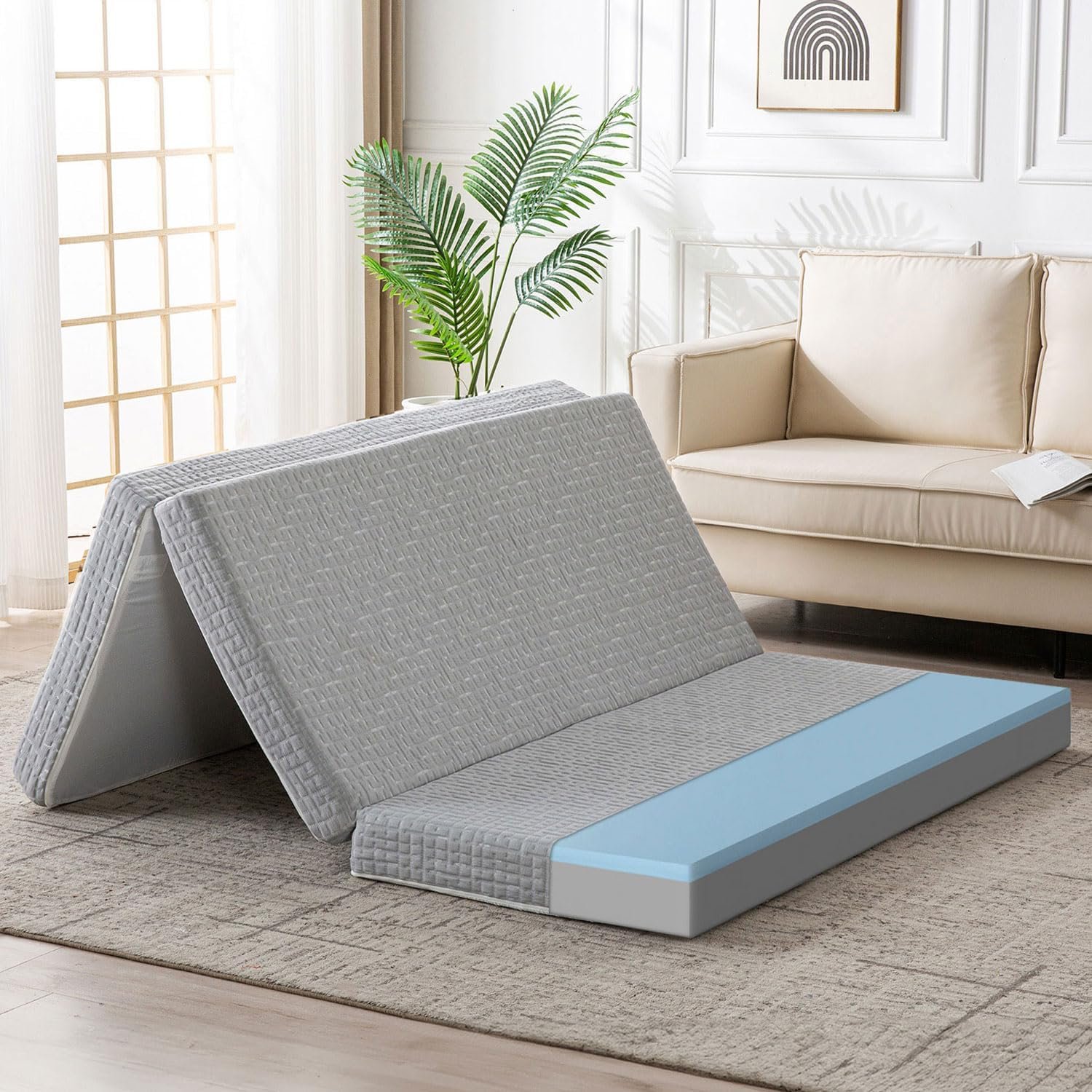Foldable Mattress, 4 Inch Memory Foam Guest Floor Mat, Tri Folding Portable Mattress for Kids and Adults, Washable Cover, Non-Slip Design, Twin Grey (Size: 38" L x 74" W x 4" Th)