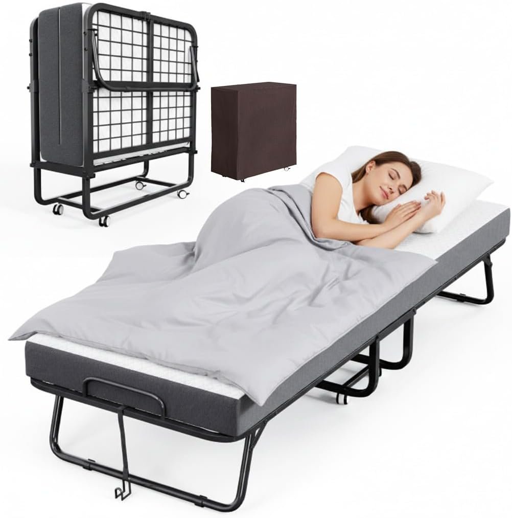 COTUBLR Folding Bed with Mattress Portable Foldable Guest Beds for Adults 75 x 31 Inch Twin Size Rollaway Day Bed with Premium 5 Inch Memory Foam and Swivel Wheels, Bed Cover Included