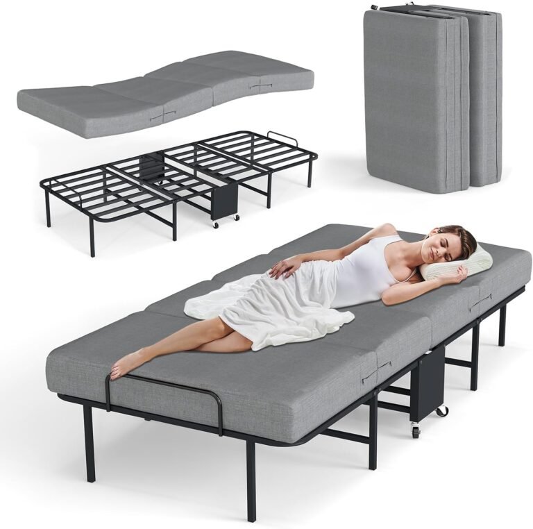 Folding Beds with Mattress, Portable Foldable Bed for Adults, Roll Away Bed Guest on Wheels, Memory Foam Mattress and Metal Frame, Space Saving Fold Up for Easy Storage, 75" x 38"