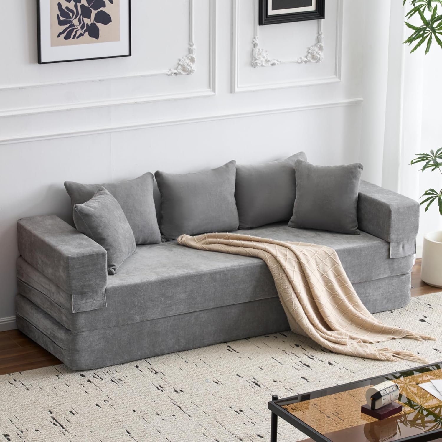 4-in-1 Convertible Folding Sofa Bed Queen, Sleeper Sofa Couch with Armrest and Pillows, Chenille Fold Out Floor Chaise Lounge, Comfy Foldable Futon Mattress For Living Room, Bedroom (Grey 7.87")