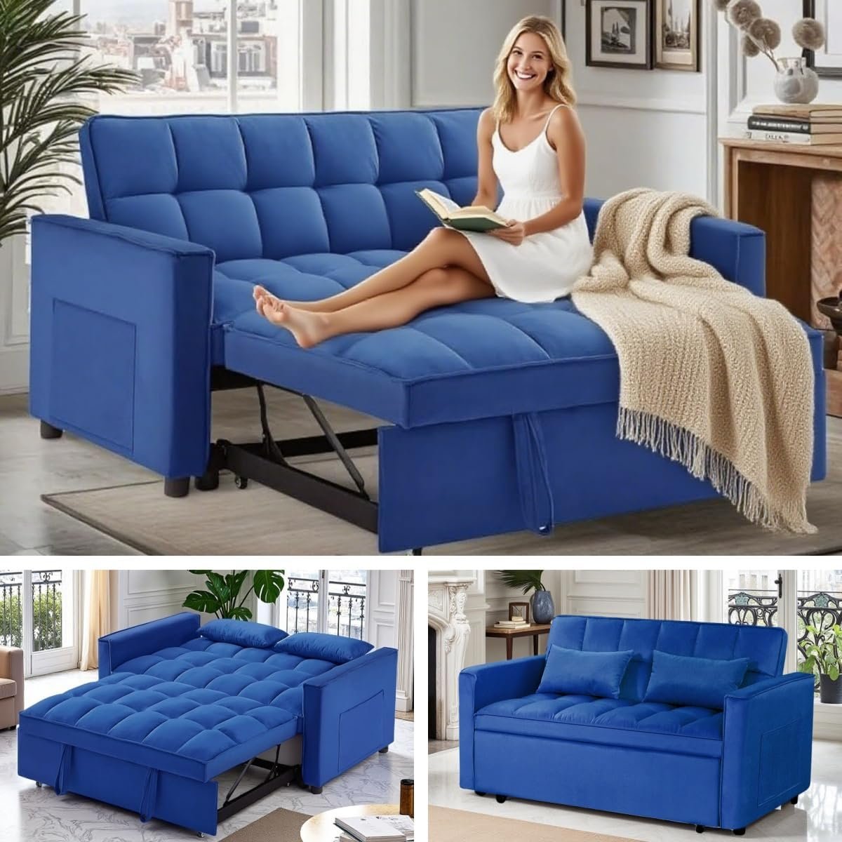 FONTOI 3 in 1 Sleeper Sofa Bed, Futon Sofa Bed for Living Room with Side Pocket, Blue Sleepers Sofas Couch with Pullout Beds, Convertible Love Seat Sleepers couch for Living Room, Bedroom, Small Space