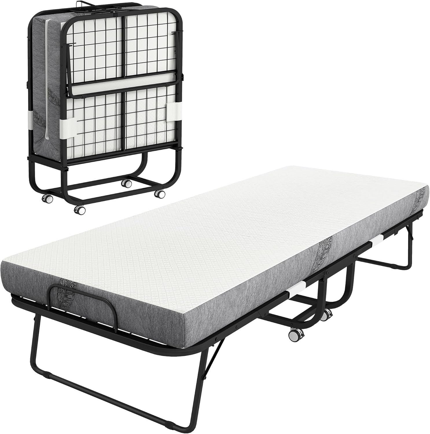 HOMCOM Folding Bed with Mattress for Adults, Single Size, Portable Foldable Bed with 5" Luxurious Memory Foam Mattress & Space-Saving Steel Frame, 78.75" x 31.5", Fold Up, Roll Away & Hideaway, White