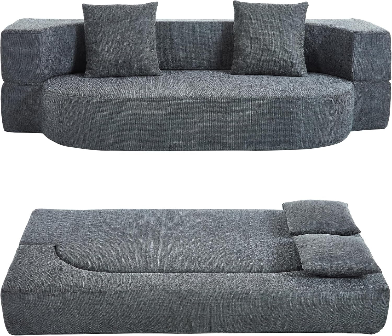 Folding Sofa Bed, Convertible Futon Sleeper Bed, 2-in-1 Foldable Floor Mattress with 2 Pillows, Breathable High-Density Foam Lazy Couch, Twin Size Comfy Lounge Chair, Dark Gray