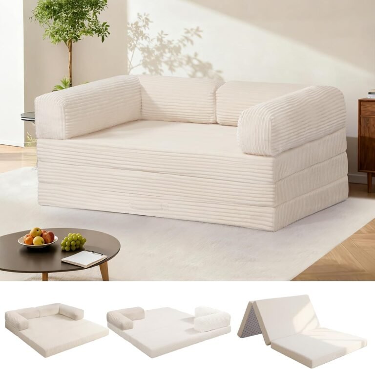 Tri-Fold Foldable Mattress, Convertible Folding Sofa Bed with Removable Arms & Washable Cover, All-in-One Portable Mattress Floor Sofa Bed, No Assembly Required & Non-Slip, Full Size, Beige