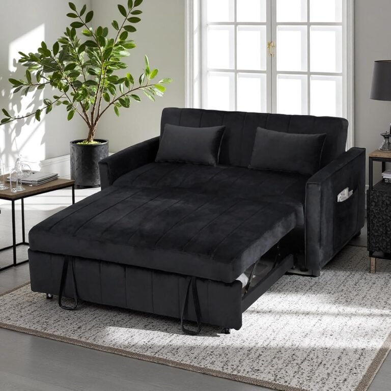 55.51" Convertible Sofa Bed, 3-in-1 Sleeper Sofa with Pullout Bed, Velvet Futon Couch with Adjustable Backrest and Side Pocket & 2 Pillows, Modern Futon Couch for Waiting Room, Bedroom（Black）