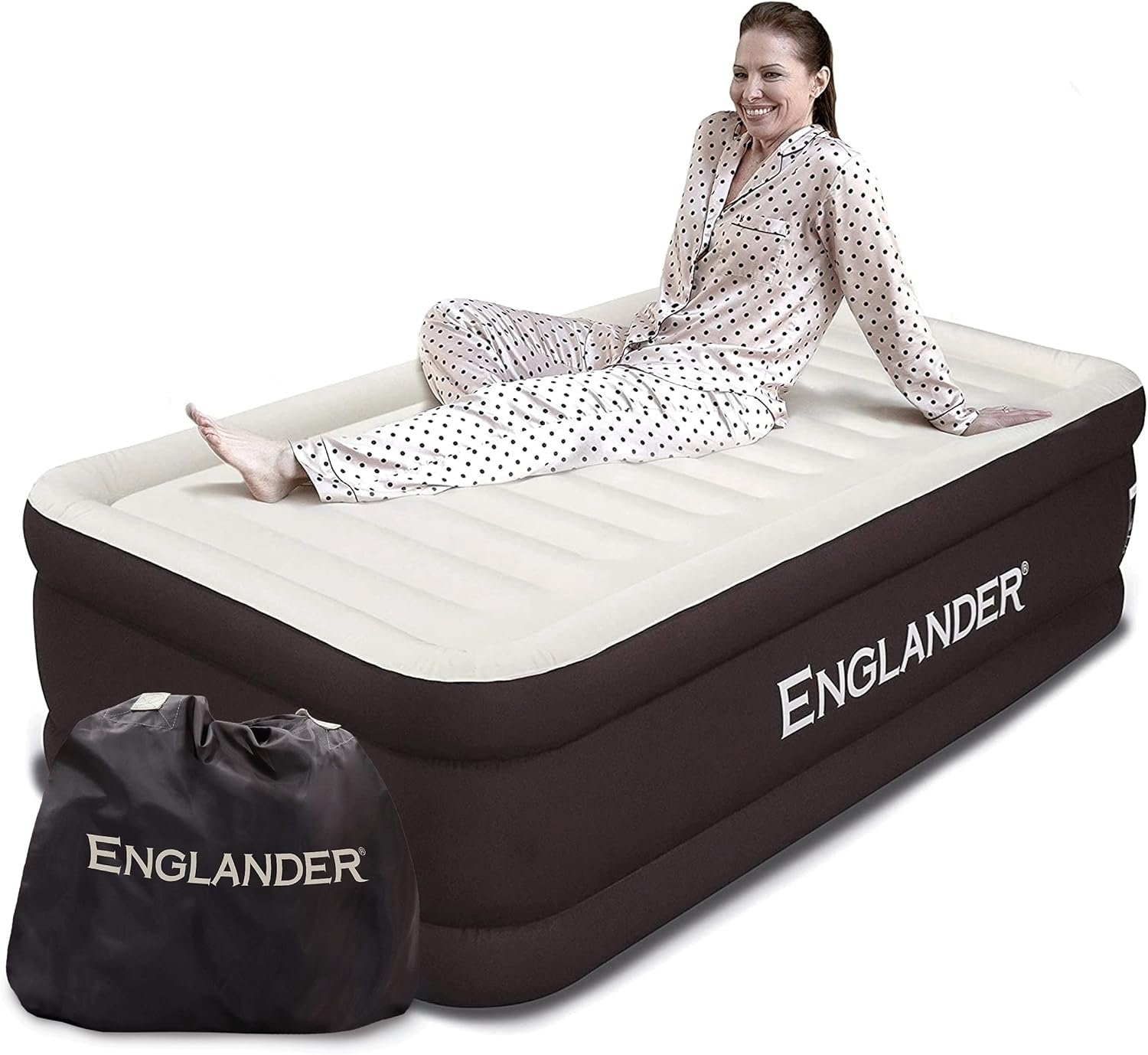 Englander Twin Air Mattress - Double High, 300 LB Capacity Luxury Camping Mattress with Built-in Pump, Microfiber, Waterproof