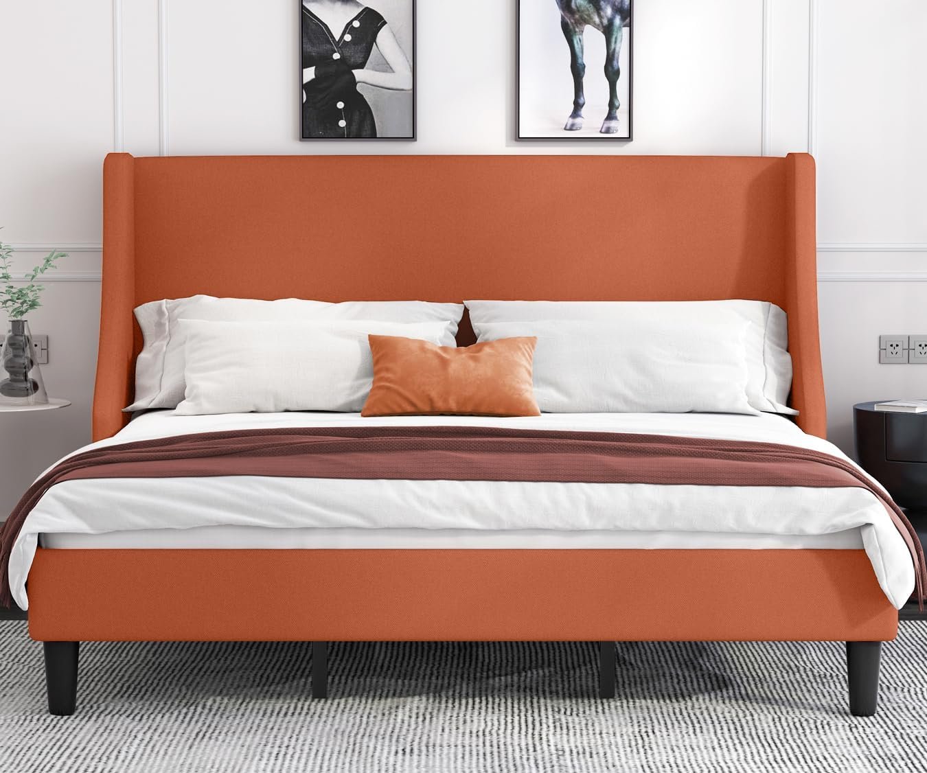 Allewie King Size Platform Bed Frame with Upholstered Headboard, Modern Deluxe Wingback, Wood Slat Support, Mattress Foundation, Burnt Orange