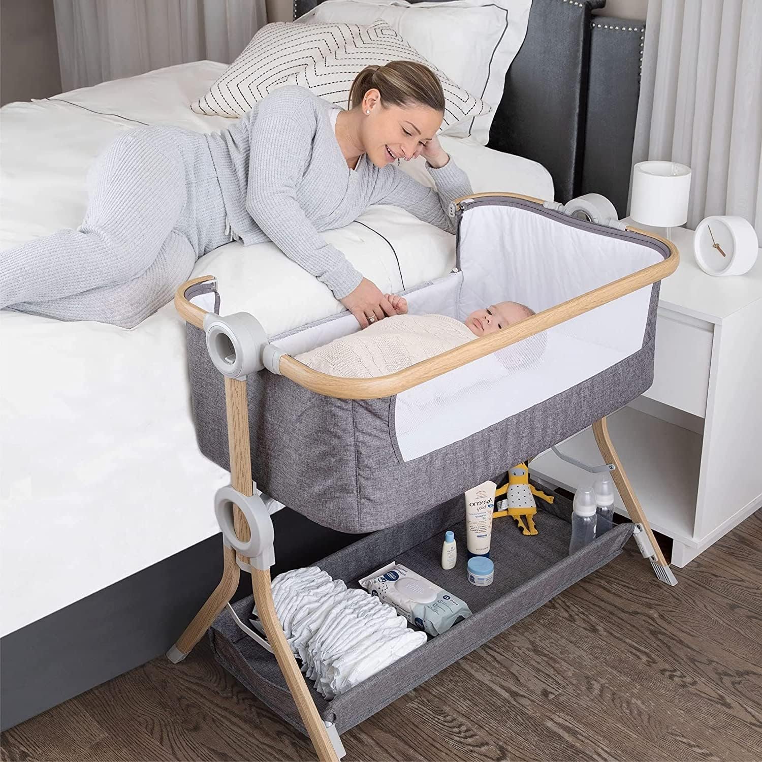 KoolerThings 3 in 1 Baby Bassinet, Bedside Sleeper & Playpen, Easy Folding Portable Crib (Grey)- KoolaBaby (Grey-Wood Look)