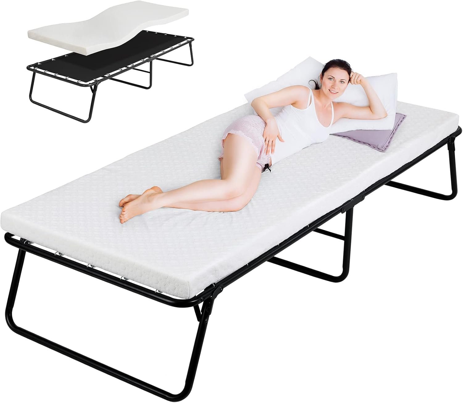 MAMIZO Folding Bed,Rollaway Bed with Mattress for Adults,Portable Bed,Metal Frame with Memory Foam Mattress,for Bedroom,Office,Camp,No Assembly Required,(75" x 31"x14")