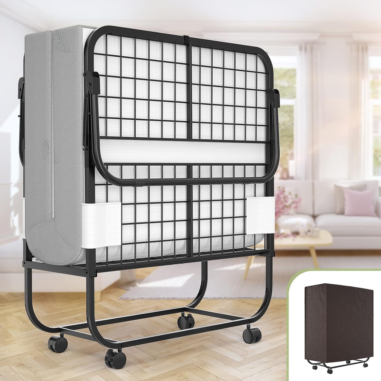Unikito Folding Bed with Mattress for Adults, 75" x 31" Cot Size Portable Rollaway Guest Bed with Memory Foam Mattress and Metal Frame on Wheels, Space-Saving Folded Design, Storage Cover Included