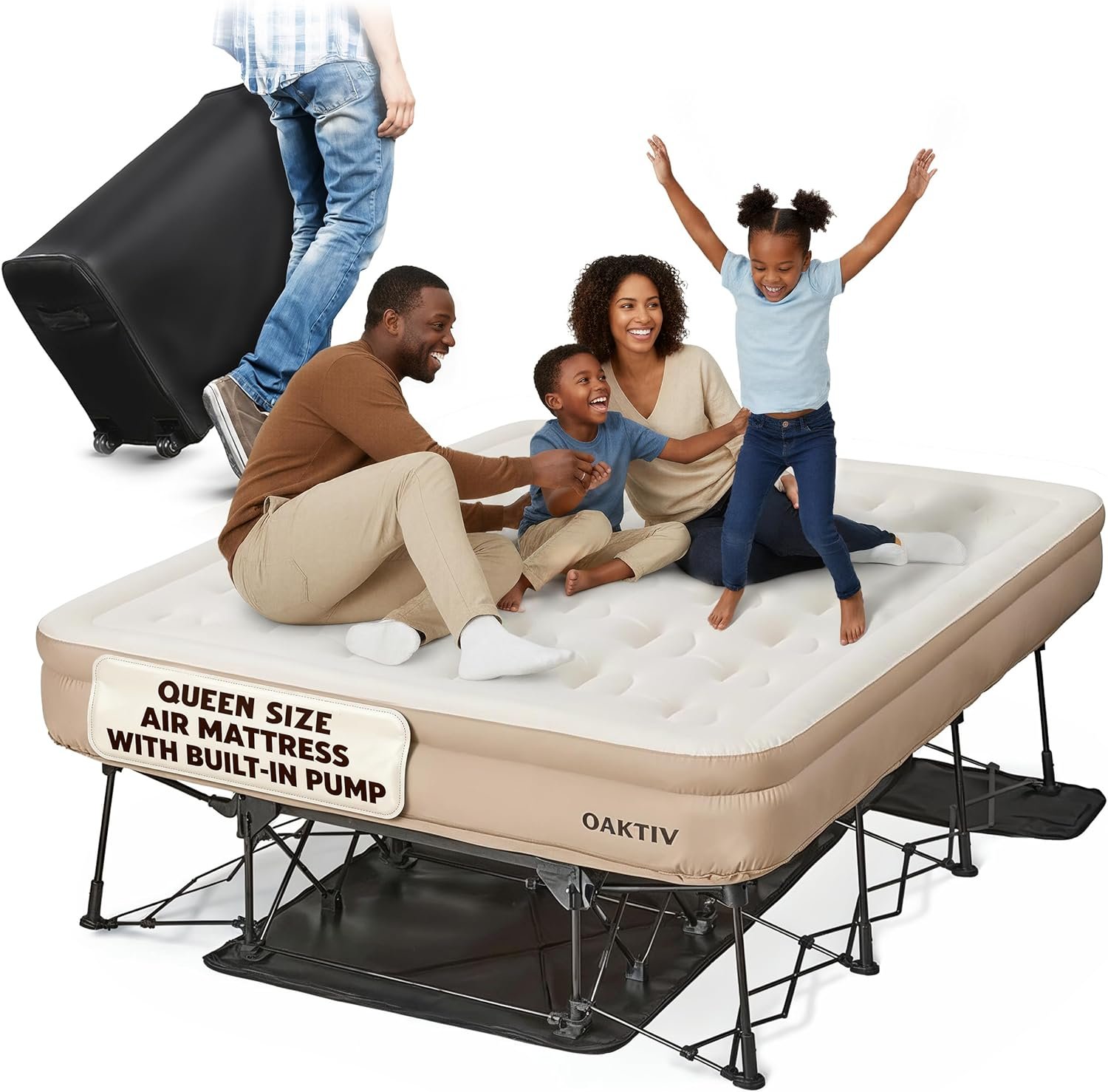 Oaktiv Queen Air Mattress with Frame, Self Inflating/Deflating Bed for Adults - PeakRest Blow Up Bed, Camping Cot with Mattress for Adults - Portable Queen with Travel Rolling Case on Wheels