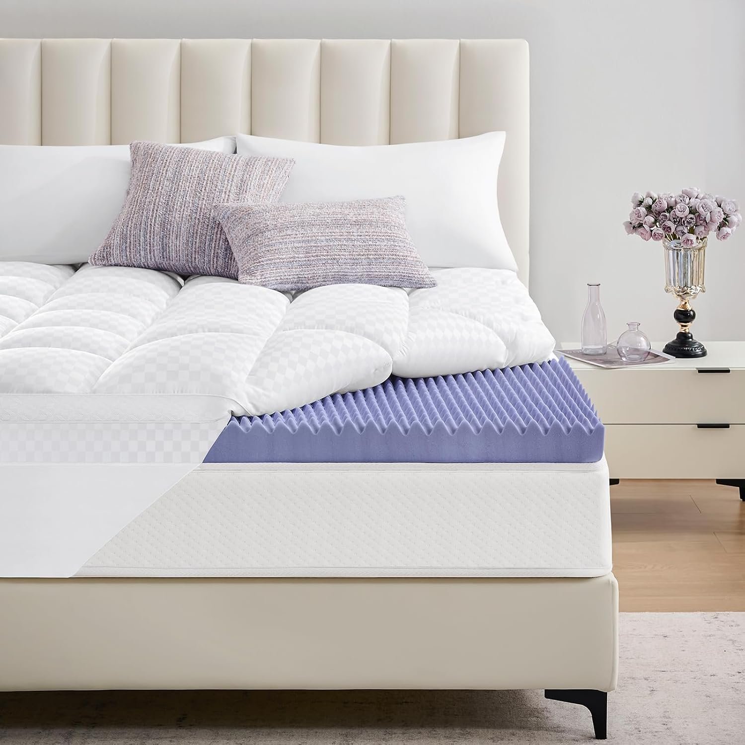 downluxe 4 Inch Queen Memory Foam Mattress Topper Pro Dual Layer 2 Inch Cooling Gel Egg Crate Memory Foam Plus 2 Inch Pillow Top Medium Firm with Deep Pocket