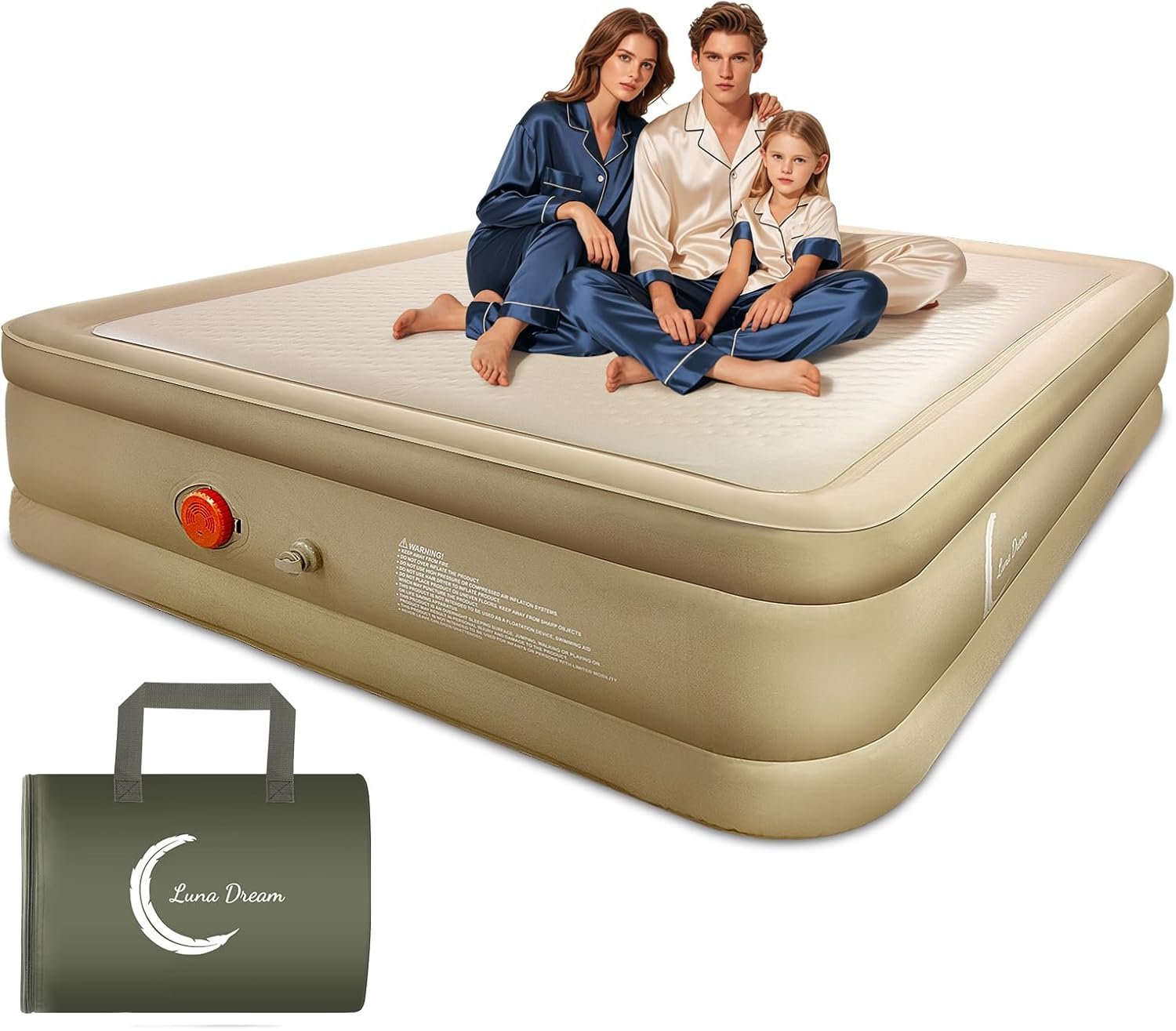 LunaDream Queen Air Mattress with USB Rechargeable Built-in Pump, Wireless Inflatable Airbed, FlexWeave Tech for 1100 lbs Ultra Firm Support, Portable for Home & Camping, Leak Proof Design, Carry Bag