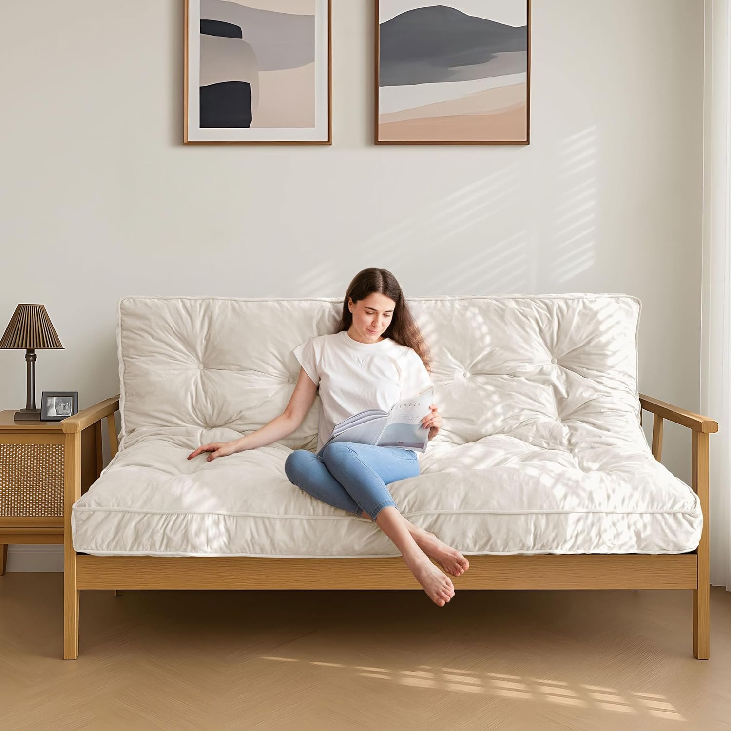 MAXYOYO 6" Futon Mattress Queen Size, Velvet Thick Futons Sofa Couch Bed, Versatile Floor Mattress for Adults, Shredded Foam Filling (Frame Not Included), Beige