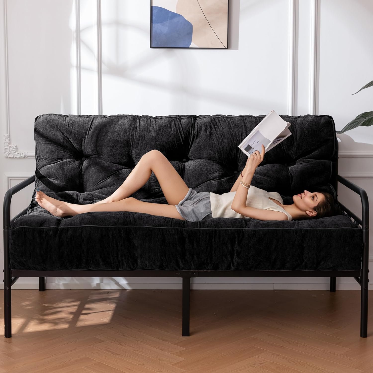 YOSHOOT 8 Inches Futon Mattress Full Size, Thick Futons Sofa Couch Bed, Chenille Fabric Floor Mattress for Adults, Shredded Foam Filling, Medium Firm(Frame Not Included), Black, 54"x75"