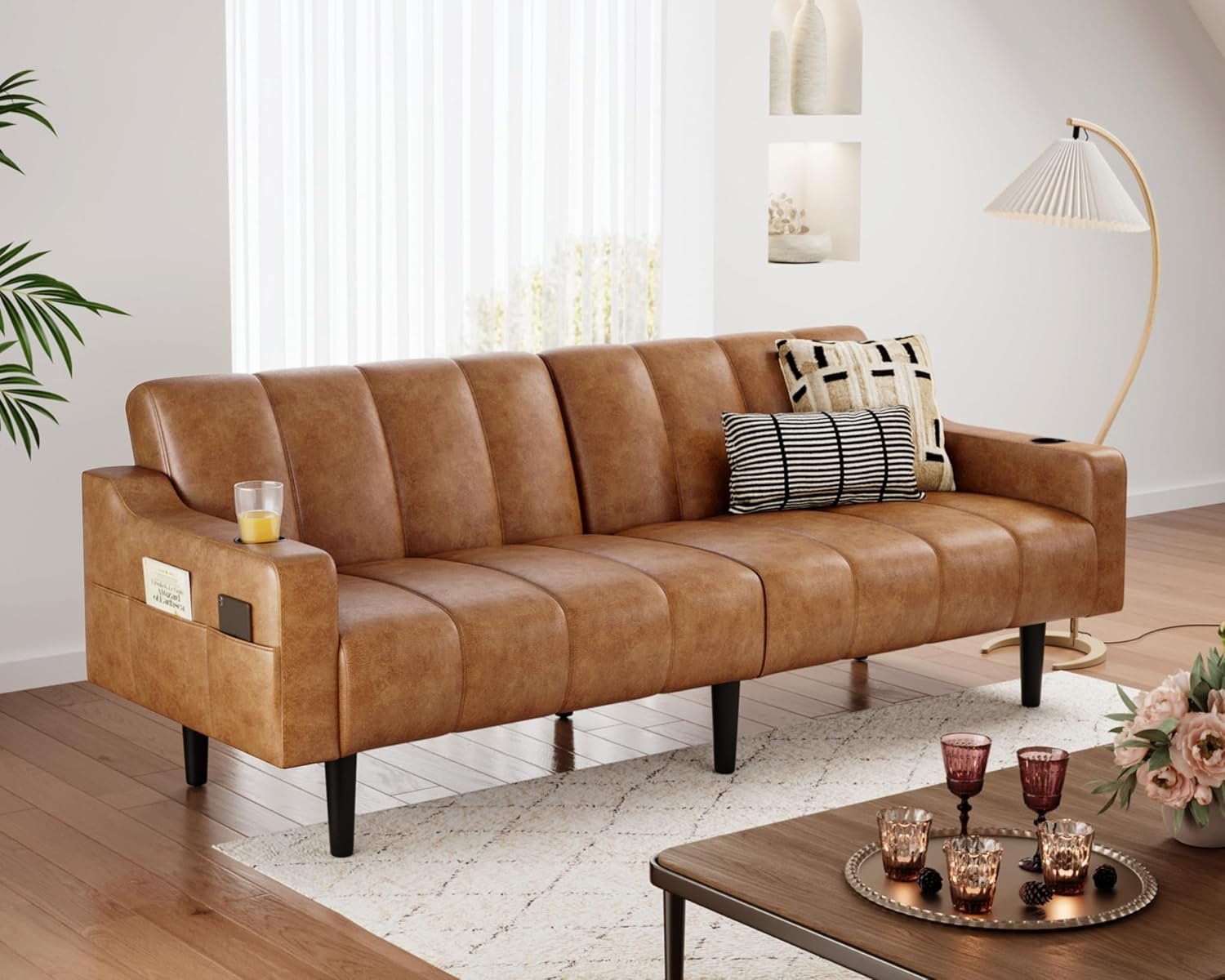 Chfeloai 80'' Futon Sofa Bed, Faux Leather Sleeper Couch, Convertible Loveseat with Adjustable Sofa Backrest, Modern Couches for Living Room, Bed Room, Apartment, Office (Brown)