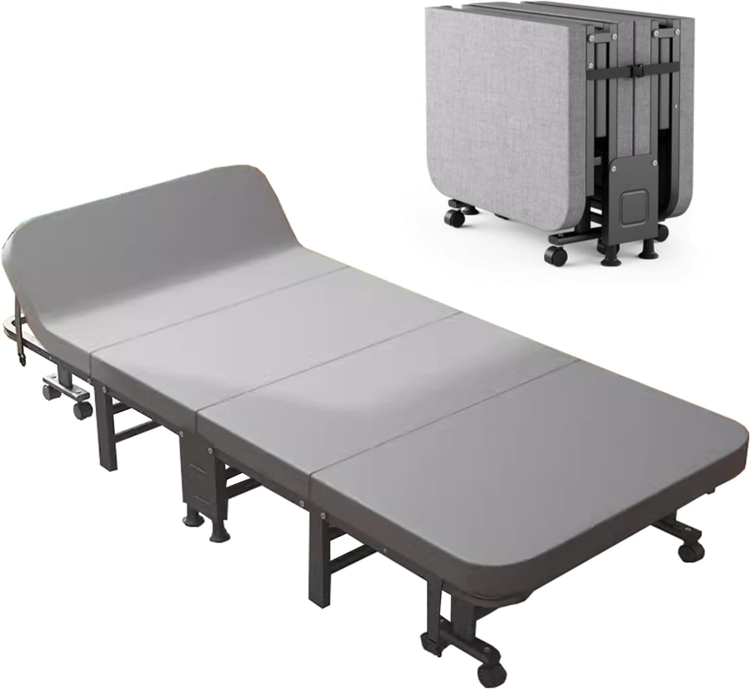 Portable Folding Bed with Latex Mattress, Metal Frame & Wheels - Ideal for Small Apartments, Guest Rooms, Dorms, & Living Rooms - Compact Gray Design (11x74.8x31.4in)