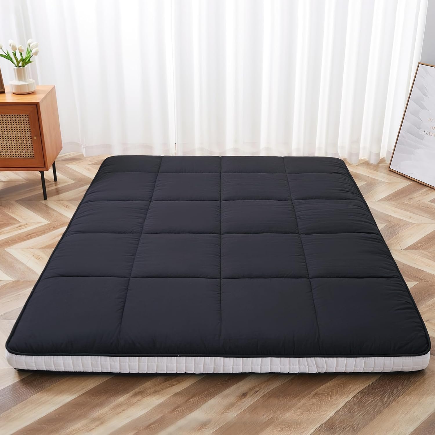 Meulbaty Full Size Futon Mattress - Extra Thick Foldable Japanese Floor Mattress - Memory Foam Sleeping Pad for Adults - Tatami Mat Suitable for Camping & Guest - Black(80" L x 54" W x 4" Th)